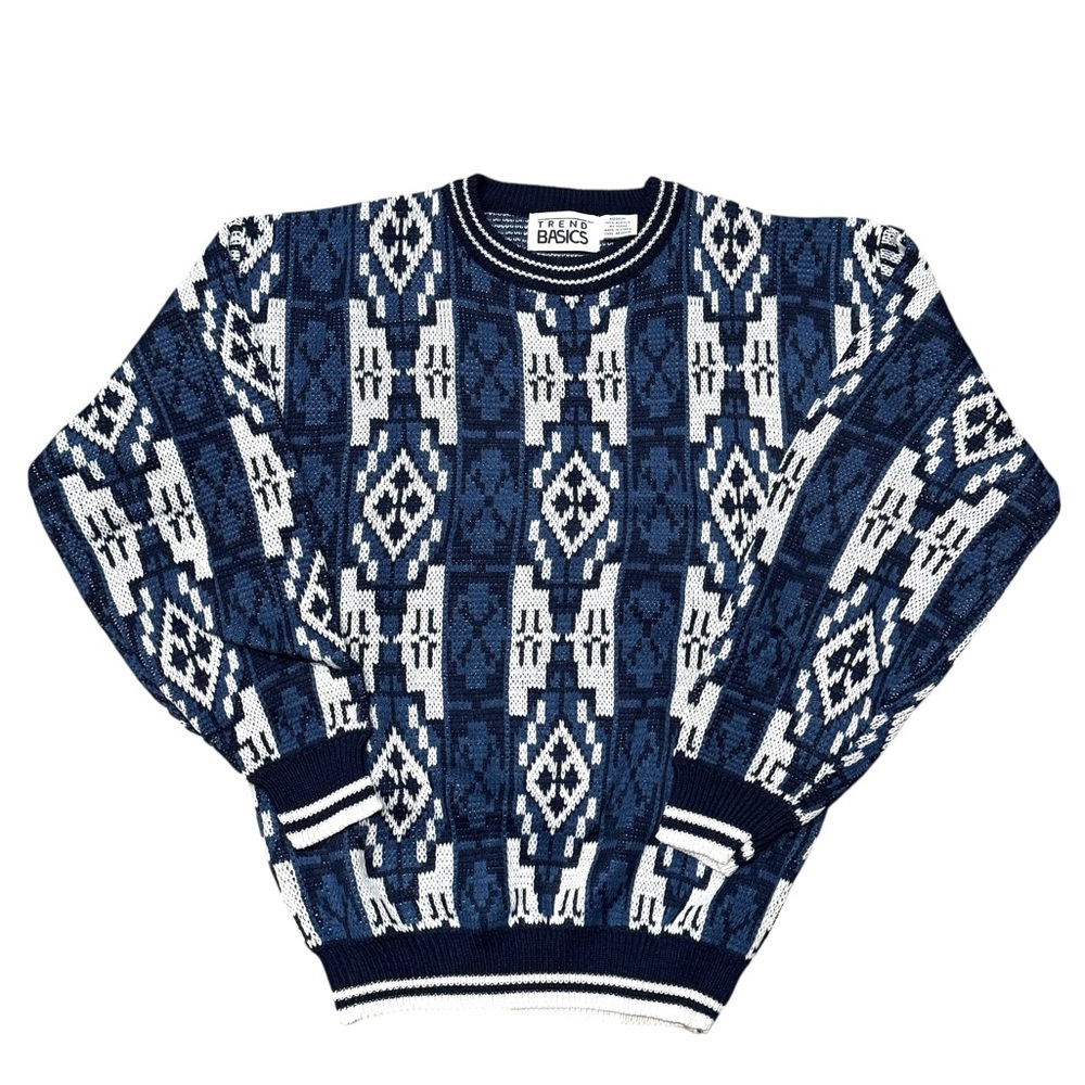 Vintage Trend Basics Blue White Geometric Long Sleeve Sweater Men’s Sz M